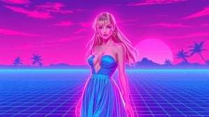 Barbara Palvin wears a baby blue Miu Miu dress in a neon-lit Y2K cyberpunk scene with floating holograms.