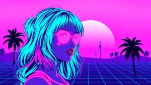 A stylized neon valley girl with glowing pigmentation spots in a retro Y2K vaporwave scene.
