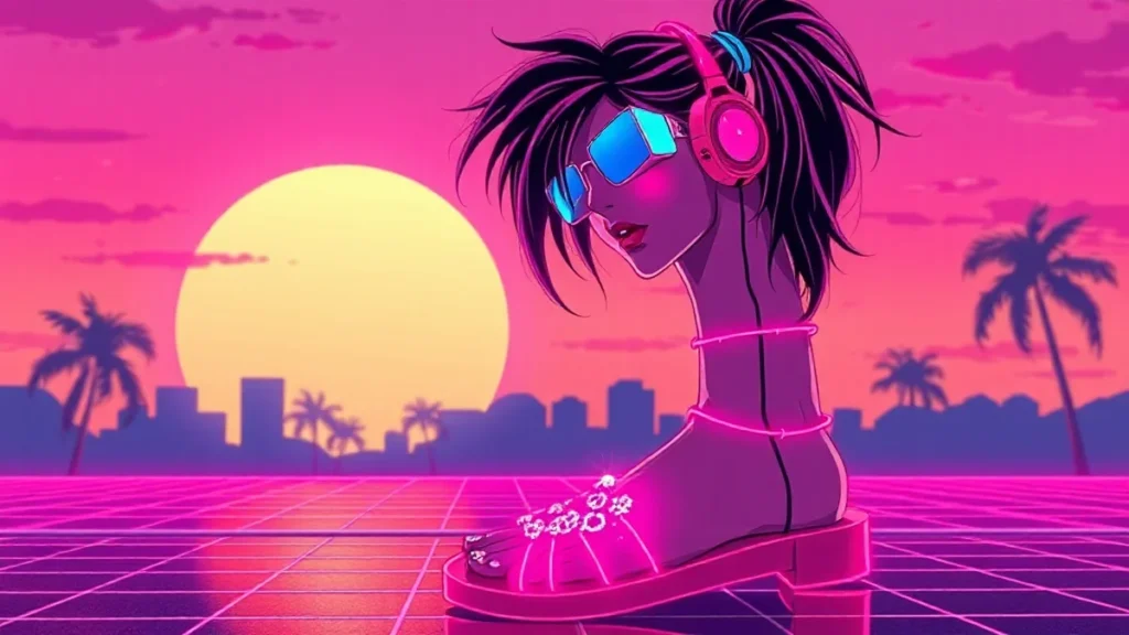 A stylized character in a neon cyberpunk scene wearing glowing beek’s sandals with floating holographic shoes.