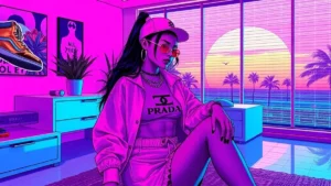 Bella Hadid wears Prada Sport in a neon Y2K styled room with holographic sneakers and synthwave background.