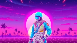 A stylized Y2K sailor in a holographic racing suit surrounded by glowing data streams and floating sailboats in a digita