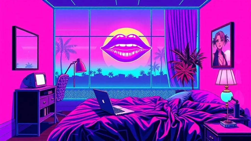 A retro Y2K styled bedroom scene with glowing neon elements and a holographic lip mask being applied by a pixelated avat