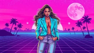 Beyoncé in a blazer and jeans in a neon Y2K styled synthwave environment.