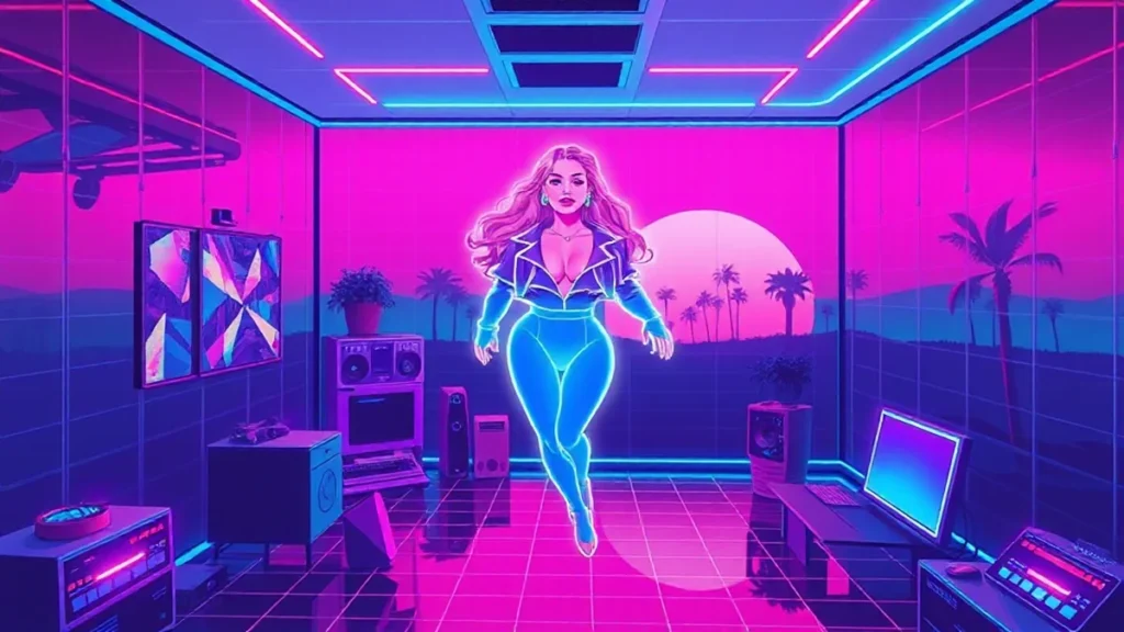 A stylized Y2K neon room features a holographic Beyoncé avatar surrounded by glowing data streams and synthwave visuals.