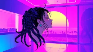A cyberpunk anime girl with intricate black braids in a neon-lit Y2K environment surrounded by holographic hair accessor