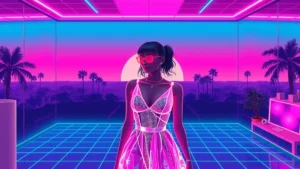 A glowing blush-pink model in a neon-lit vaporwave room with floating holographic elements.