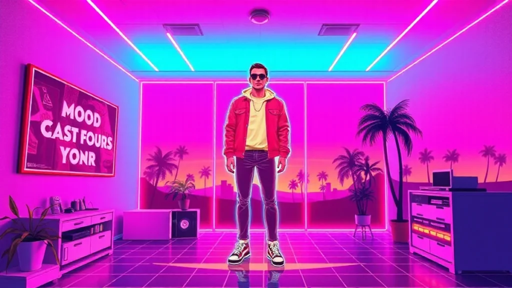 A stylized Y2K scene with a confident figure surrounded by glowing fashion items and digital art.