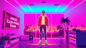 A stylized Y2K scene with a confident figure surrounded by glowing fashion items and digital art.