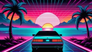 A glowing holographic dog floating above a retro computer in a neon-lit Y2K synthwave environment.
