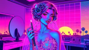 A bride with glowing neon makeup in a futuristic digital beauty studio with floating holographic tools.