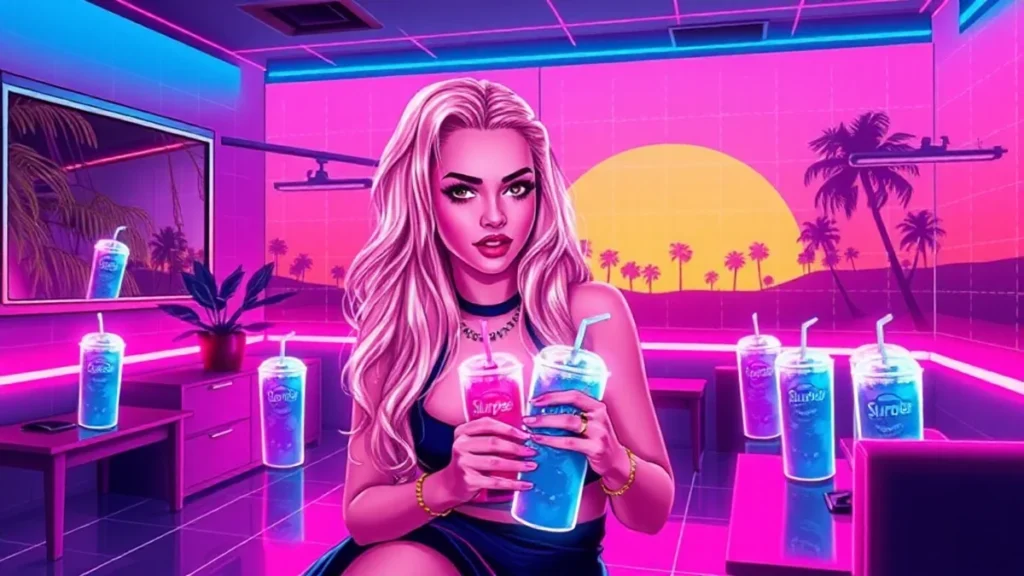 A stylized Y2K illustration of Britney Spears in a neon-lit room with holographic Slurpees and movie posters.