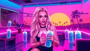 A stylized Y2K illustration of Britney Spears in a neon-lit room with holographic Slurpees and movie posters.