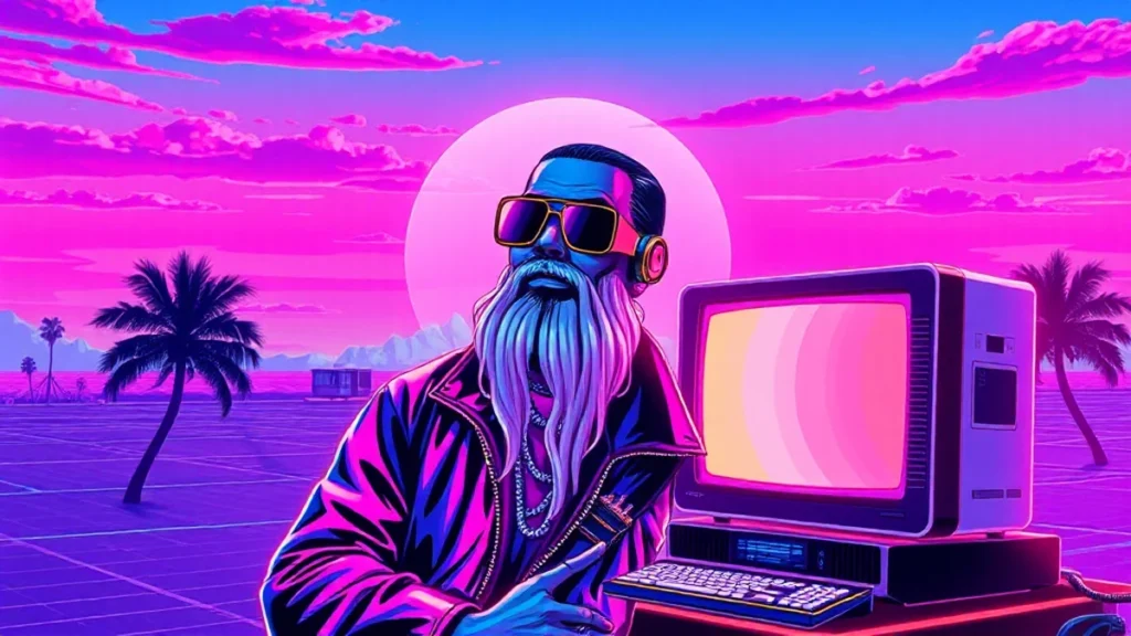 A stylized Y2K scene featuring a reggaeton star in an elderly disguise at the Met Gala with floating holograms.