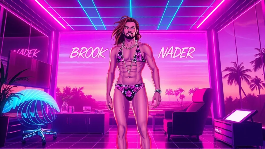 A stylized Y2K scene featuring Brooks Nader in a glowing neon room with holographic waves and floating text.