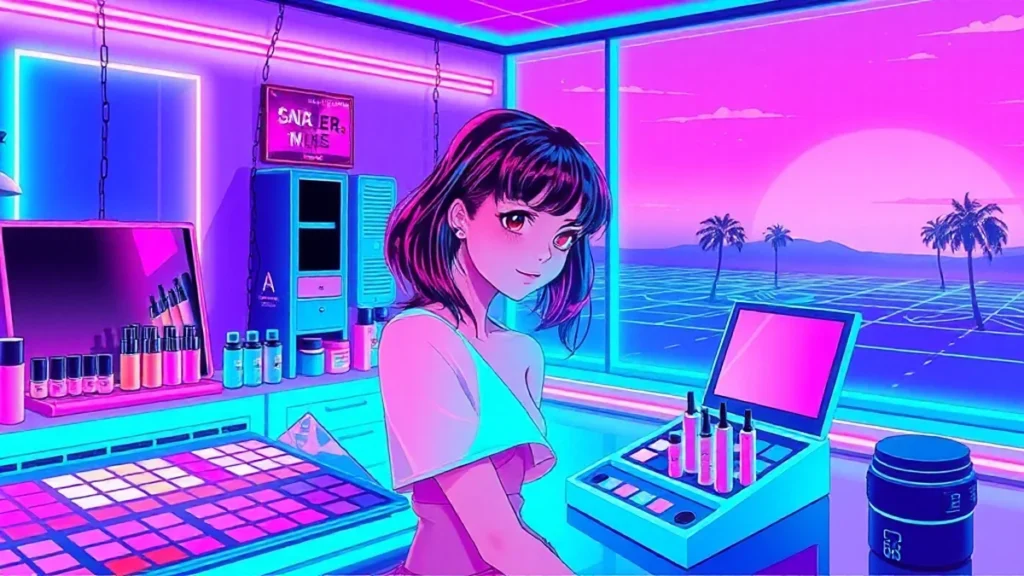 A stylized Y2K vaporwave scene featuring a glowing makeup palette and holographic testers in a neon-lit room.