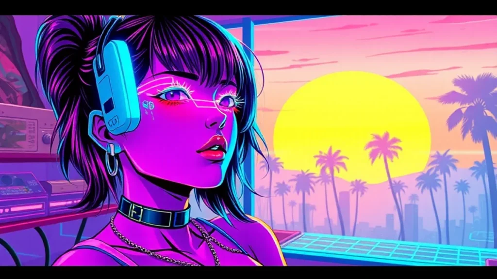 A stylized cyberpunk anime girl with glowing neon makeup and holographic lashes in a vibrant Y2K vaporwave environment.
