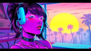 A stylized cyberpunk anime girl with glowing neon makeup and holographic lashes in a vibrant Y2K vaporwave environment.