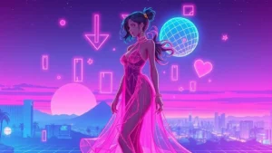A stylized Y2K fashion model in a sheer gown surrounded by glowing holograms in a neon-lit cityscape.