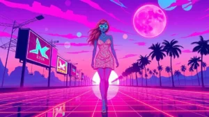A stylized Y2K figure walks on a neon-lit red carpet with digital billboards and floating holograms.