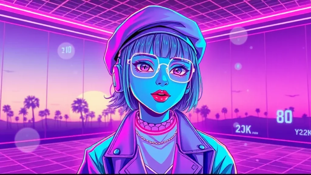 A glowing Y2K character in a neon room wearing a lavender gown and holographic accessories.