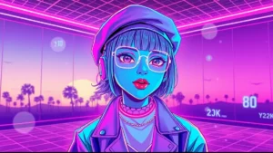 A glowing Y2K character in a neon room wearing a lavender gown and holographic accessories.