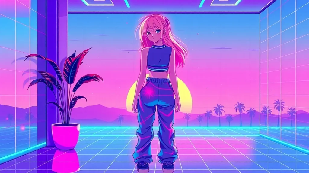 A glowing neon-haired girl wearing chunky knit capris in a vibrant vaporwave room with floating holographic lights.