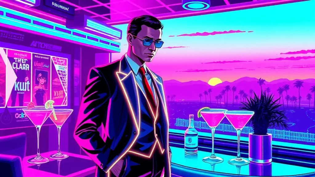 A stylized Y2K club scene featuring a glowing James Bond figure surrounded by holographic elements and neon lights.