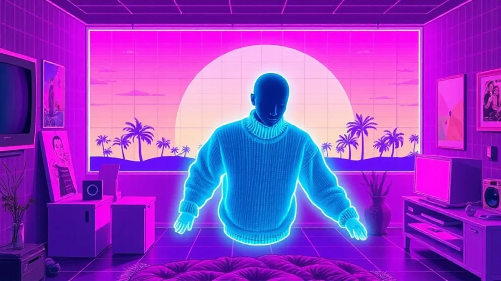 A glowing figure in a cashmere sweater surrounded by holographic art in a neon Y2K styled room.