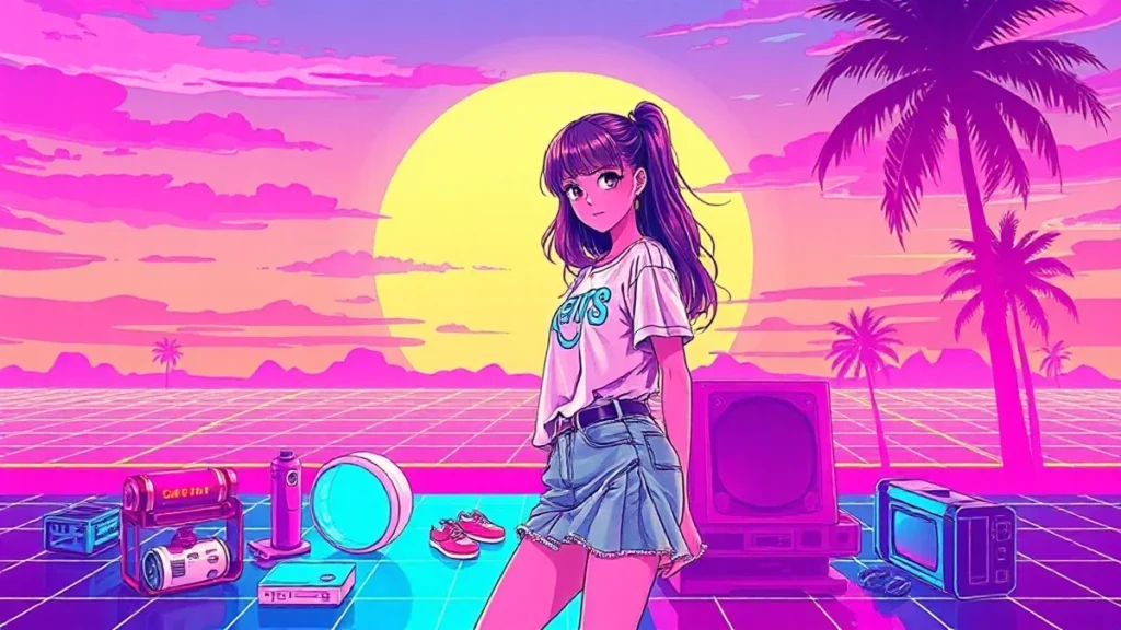 A stylized Y2K girl in a graphic tee and sheer skirt surrounded by holographic elements in a neon-lit room.