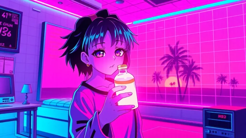 A stylized Y2K character in a neon-lit room holding a glowing serum bottle with floating holographic text.