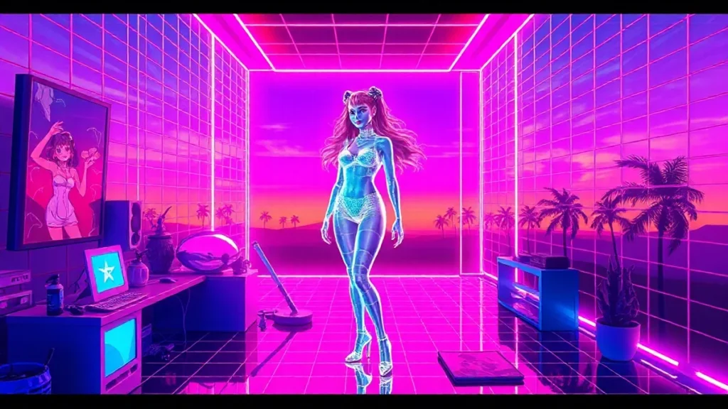 A stylized Y2K illustration of Charli XCX in a neon-lit room with holographic effects and digital art.