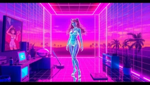 A stylized Y2K illustration of Charli XCX in a neon-lit room with holographic effects and digital art.
