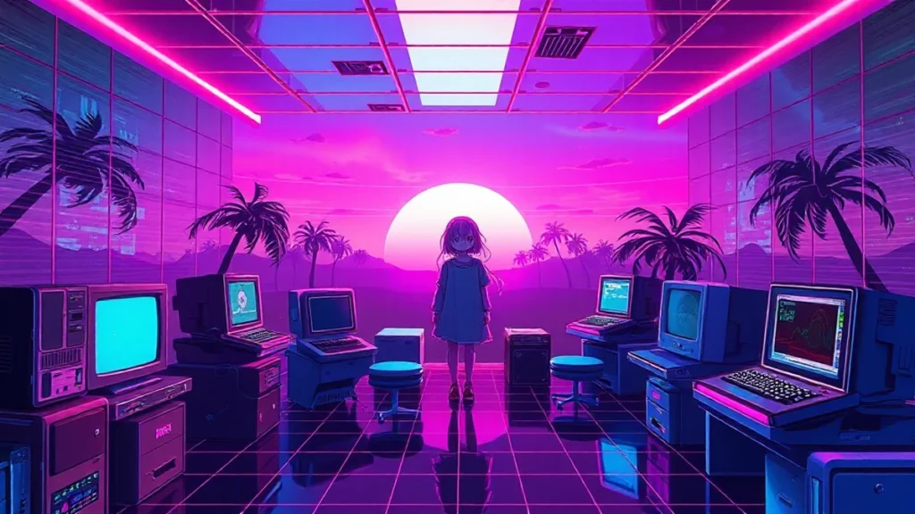 A stylized Y2K character in a neon-lit synthwave room surrounded by holographic elements and retro tech.