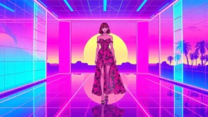 A stylized Y2K scene featuring a Dior runway with a model in a floral print surrounded by glowing digital elements.