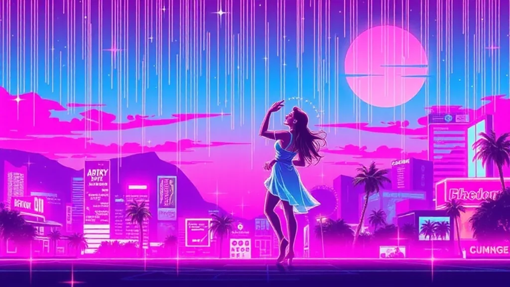 A glowing couple dances in a neon-lit Y2K cityscape with holographic stars and digital rain.