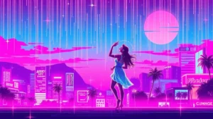 A glowing couple dances in a neon-lit Y2K cityscape with holographic stars and digital rain.