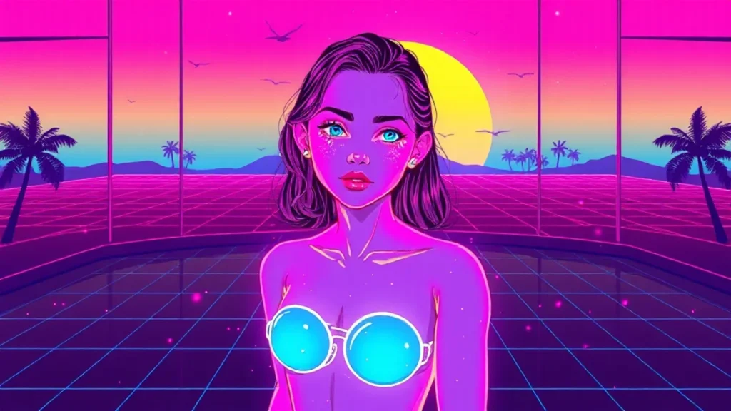A glowing girl with acne-free skin in a neon Y2K room surrounded by floating skincare products.