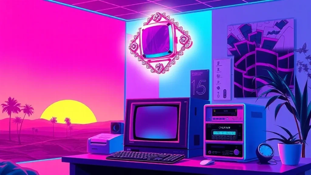 A stylized Y2K scene featuring glowing holographic Chopard jewelry in a neon-lit retro computer environment.