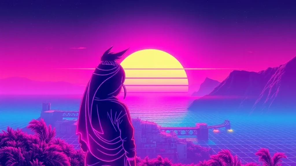 A stylized Y2K character in a glowing Cinque Terre landscape with neon sunsets and digital mountains.