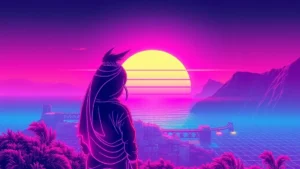 A stylized Y2K character in a glowing Cinque Terre landscape with neon sunsets and digital mountains.