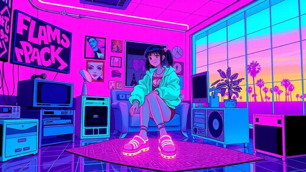 A glowing Y2K character wearing clogs in a neon synthwave room with holographic fashion elements.
