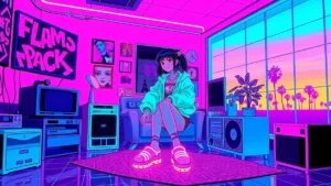 A glowing Y2K character wearing clogs in a neon synthwave room with holographic fashion elements.
