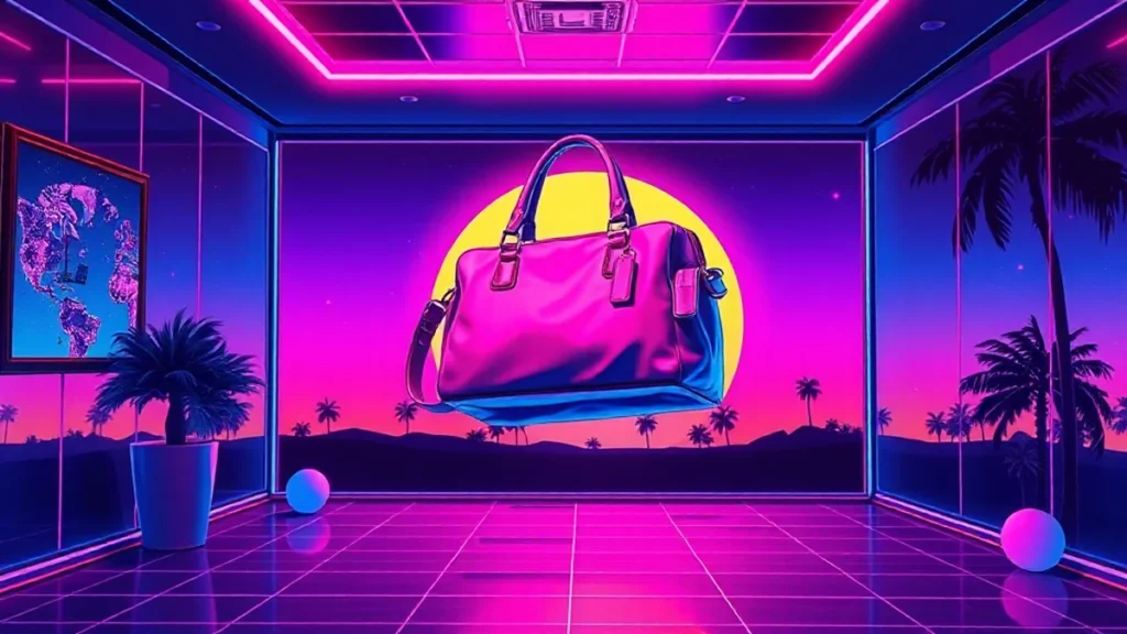 A stylized Y2K scene featuring a glowing Coach travel bag with holographic travel items in a neon-lit room.