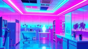 A glowing character in a futuristic skincare lab surrounded by floating holographic vials and digital text in a neon-lit