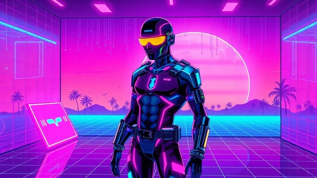 A stylized cyberpunk figure with glowing implants in a neon-lit Y2K synthwave environment, surrounded by floating hologr