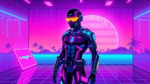 A stylized cyberpunk figure with glowing implants in a neon-lit Y2K synthwave environment, surrounded by floating hologr