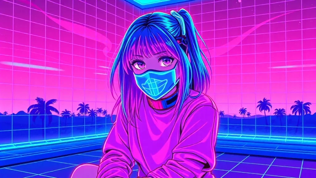 A neon-haired girl with glowing face mask in a retro vaporwave room surrounded by floating skincare products and digital