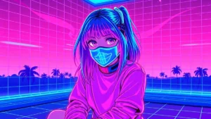 A neon-haired girl with glowing face mask in a retro vaporwave room surrounded by floating skincare products and digital