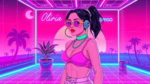 Olivia Rodrigo performs in a neon-lit Y2K synthwave room with holographic effects and retro digital visuals.