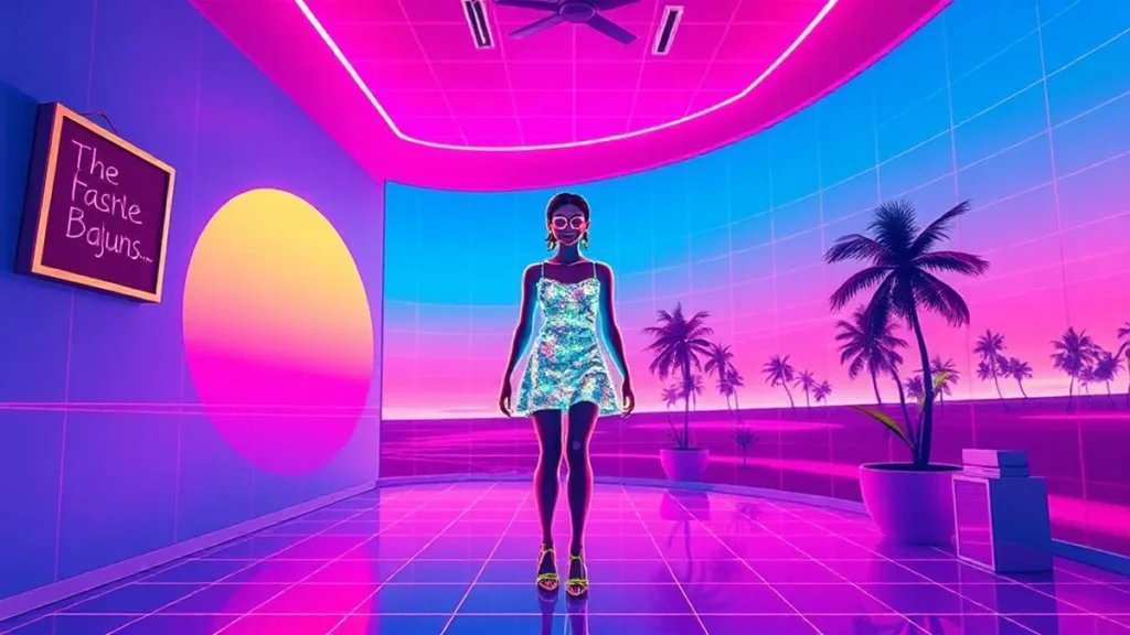 A glowing Y2K figure in a sequined dress surrounded by floating holographic fashion magazines.